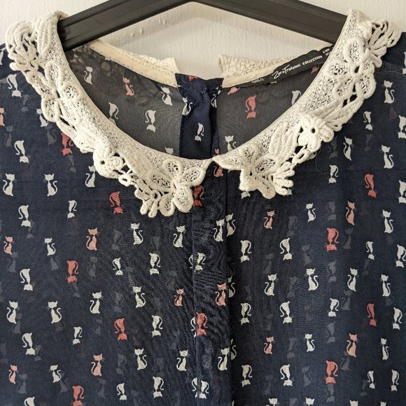 Zara navy blue cat print sheer sleeveless blouse size S - Picture 3 of 5